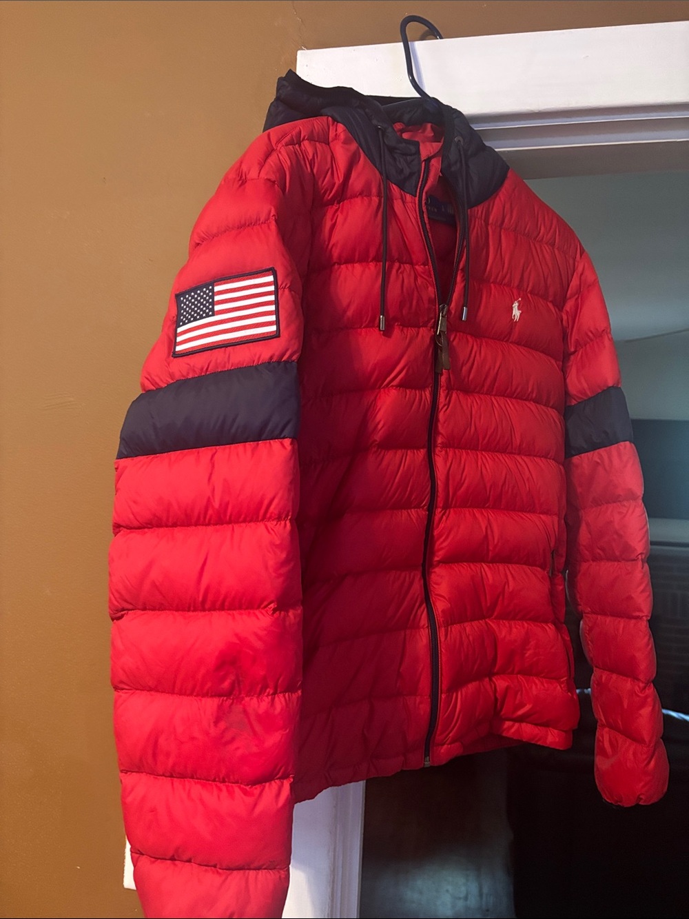 Polo by Ralph Lauren Red Quilted Puffer Jacket with Black Hood & Trim
